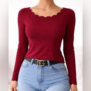 SHEIN Wine Red Scallop Trim Long Sleeve Top L
